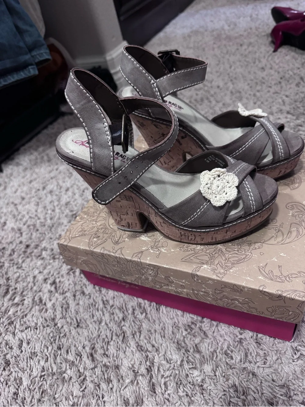 Gray Flower Accent Ankle Strap Sandals